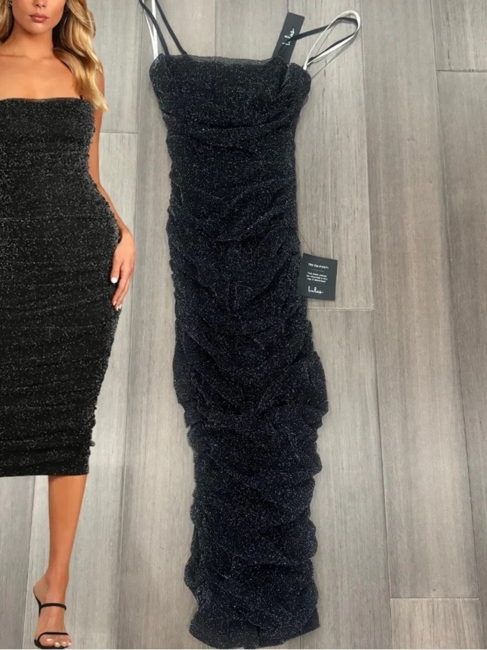Lulu's Black Sparkle Ruched Maxi Dress